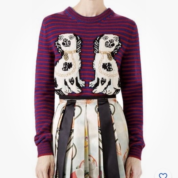 GUCCI Striped Wool Sweater With King Spaniel Intarsia Blue In Red Size… - Picture 1 of 12